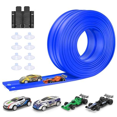 KETIEE Flex Tracks 16Ft for Kids: Flexible Race Car Ramp Track with 4 Small Racecars and 8 Suction Cups Compatible with Diecast 1/64th Cars, Rolls Up Portable Racetrack for Ages 3 & Up - Image 1