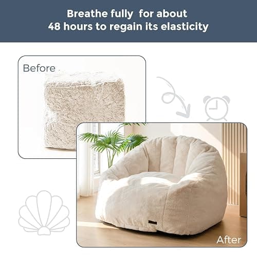 MAXYOYO Giant Bean Bag Chair for Adults, Oversized Shell Shape Bean Bag | Faux Fur Large Chair with Filler, Stuffed Big Lounge Floor Sofa for Bedroom Living Room Reading, Beige thumbnail 5