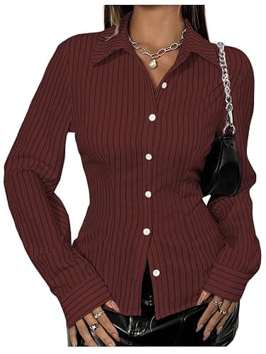 SweatyRocks Women's Striped Button Down Slim Fit Shirt Long Sleeve Collar Work Blouse Tops - Image 1