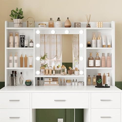 FIONESO Vanity Desk with Mirror and Lights, Power Outlet, Makeup Vanity with 9 Drawers & 6 Open Storage Shelves, 3 Lighting Modes Brightness Adjustable, White thumbnail 7