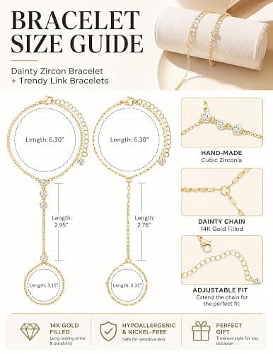 YEEZII Gold Hand Chain Bracelets for Women, 2 Pcs 14k Gold Plated Cubic Zirconia Link Chain Bracelet Set, Trendy ring bracelet hand chain Jewelry for Her thumbnail 7