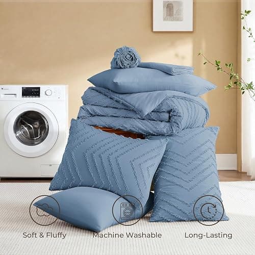 Litanika Full Comforter Set with Sheets, 7 Pieces Boho Bed in a Bag | Grey Blue Fluffy Lightweight Neutral Soft Warm Chevron Tufted Textured Bed Set thumbnail 8