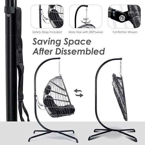 NICESOUL Egg Chair Indoor Outdoor, Patio Wicker Egg Swing Chair with Stand, Comfy Padded Cushion Hanging Basket Chair, 350lbs Capacity Birthday Gift Hammock Chair for Outside Backyard Bedroom, Gray - Dark Gray thumbnail 6
