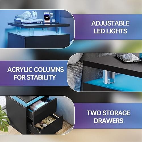 Nordivale 15" Black Nightstand Set of 2 with LED Lights, Modern Bedside Tables for Bedroom, Nightstands with 2 Storage Drawers, 15 Inch Sturdy Storage End Tables, Black thumbnail 5