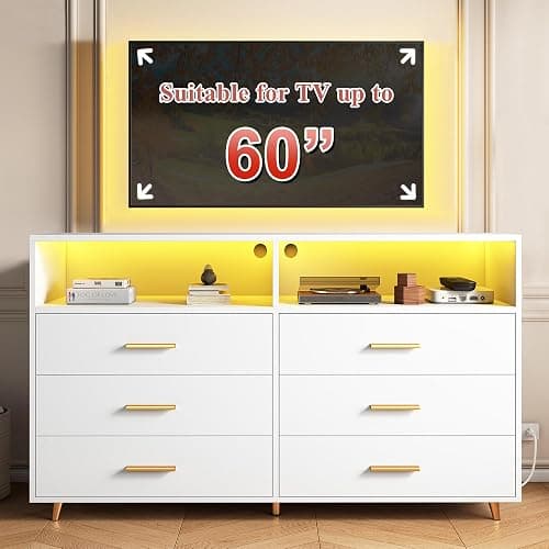 EnHomee White Dresser with LED Lights, 6 Drawers & 2 Open Shelves Top Dresser for Bedroom, Wood Chests of Drawers thumbnail 5