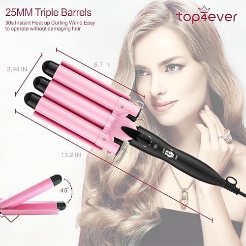 TOP4EVER 3 Barrel Curling Iron, 1 inch Crimper Hair Tool,Crimping Waver for Women Beach Waves with Two Temperature Settings, Pink thumbnail 2