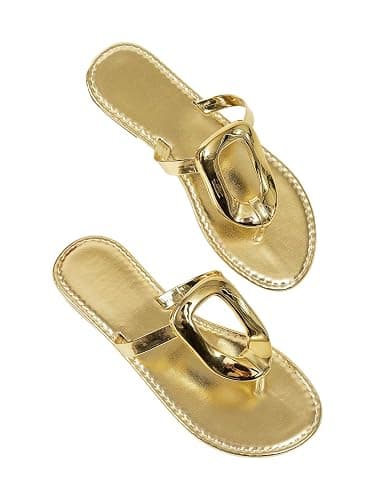 OYOANGLE Women's Metallic Dressy Sandals Flip Flops Vacation Slide Sandals | Vacation Sandals, Beach Flat Sandals, Summer Sandals, Open Toe, Lightweight Thong Sandals - Image 1