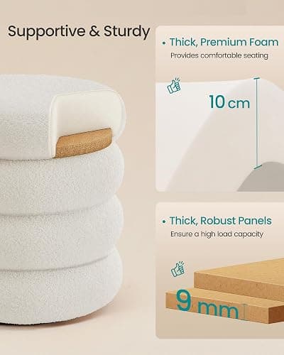 SONGMICS Vanity Stool, Round Ottoman with Storage, Upholstered Foot Stool, Removable Lid, for Living Room, Bedroom, Easy Assembly, 16.9 x 16.9 x 18.5 Inches, Teddy Fleece, White ULOM015WD01 thumbnail 5