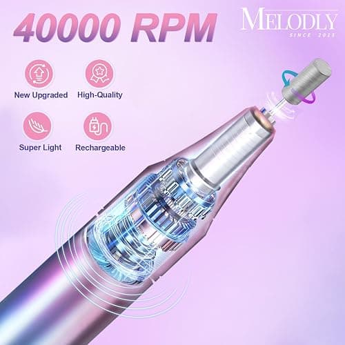 Electric Nail Drill File Professional 40000 RPM, Melodly Rechargeable Electric Nail File Machine Kit for Acrylic Gel Nails Polishing Removing, Portable Cordless Efile with Gold Bits Kit at Salon Home thumbnail 2