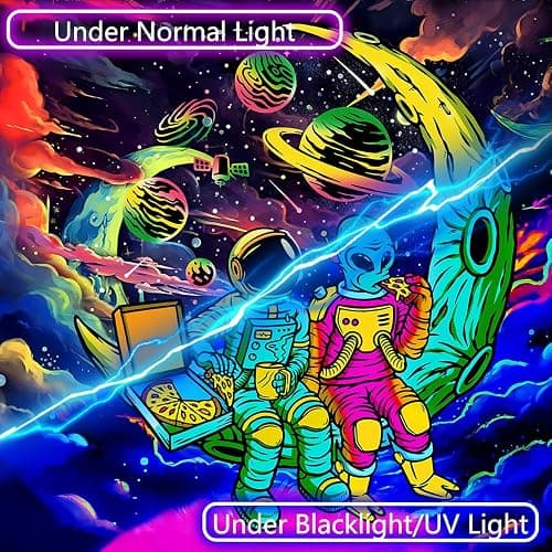 Sanzugh Funny Space Astronaut Alien Blacklight Tapestry UV Reactive Poster, Trippy Universe Black Light Art for Men Guys Room Bedroom Decor Cool Psychedelic Glow in the Dark Tapestries Wall Hanging thumbnail 5
