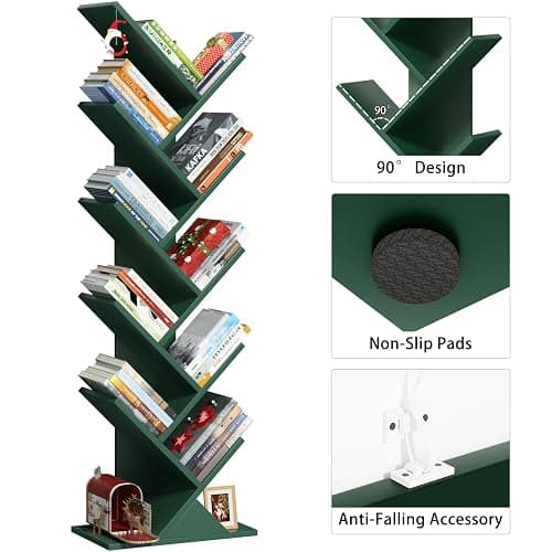 SHEEPAM 10 Tier Tree Book Shelf, Floor Standing Wood Bookshelf for Narrow Space, Storage Organizer Bookshelves for Books/CDs/Magazine, Bookcase with Shelves for Home Office, Living Room thumbnail 6