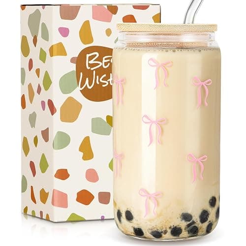 Cute Glass Cup with Lids and Straws,Cute Glass Cups Pink Bow Iced Coffee Cup,Drinking Jar Beer Cups,Gifts for Teen Girls Daughter, Sister, Mom, Classmates, Coworkers, Teachers 16 oz - Image 1