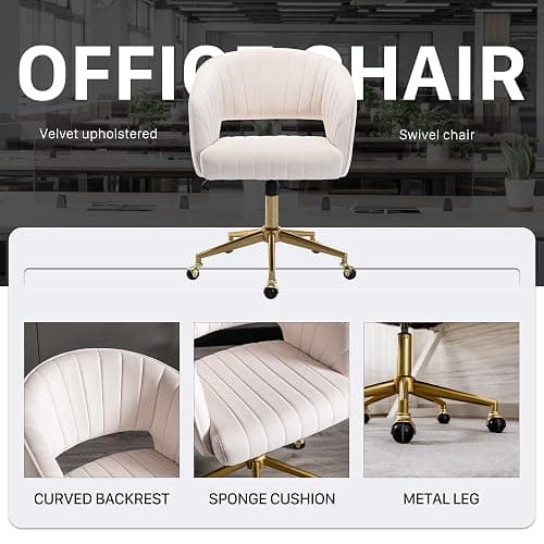 Home Office Chair Swivel Velvet Desk Chair Accent Armchair Upholstered Modern Tufted Chairs with Gold Base for Girls Women Ergonomic Study Seat Computer Task Stools for Living Room(Cream) thumbnail 8