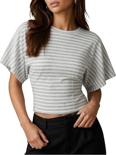 CHYRII Womens Summer Tops Lyocell Striped Batwing Short Sleeve T Shirts | Cinched Waist Slim Fitted Tee, 2026 Casual Y2K Clothes - Image 1