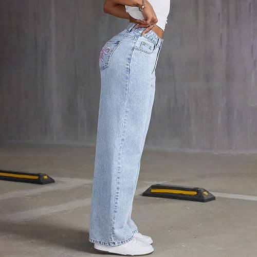 Godalithic Baggy Jeans for Girls Cute Kids Bow Embroidery Wide Leg Denim Pants High Waist Trousers Y2k Tween Clothes 7-13Y thumbnail 6