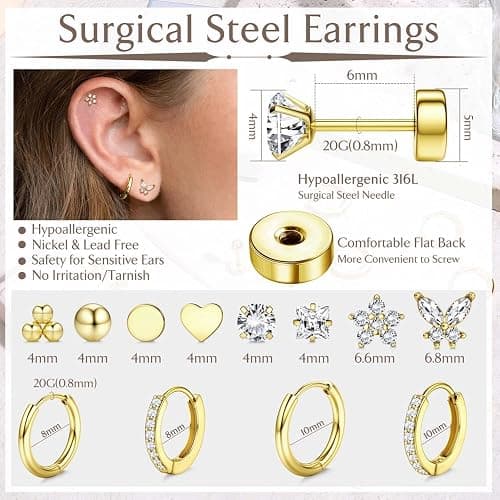 Jstyle Hypoallergenic 14K Gold Plated Flat Back Earrings for Women Men Surgical Stainless Steel Earrings for Sensitive Ears Small Stud Hoop Cartilage Earring Stack Set for Multiple Piercing Jewelry thumbnail 5