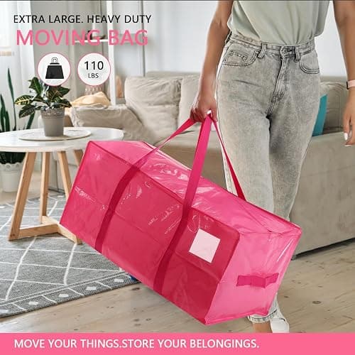 Extra Large Moving Bags with Strong Zippers and Handles Moving Supplies with lids, 2 Pack Heavy Duty Totes for Storage Bags for Space Saving, Fold Flat, Moving and Storing (Pink, 2 Packs) - 2 Packs - Pink thumbnail 3