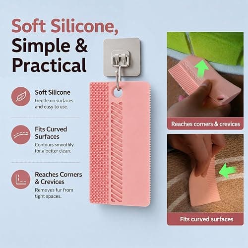 Petobey Self-Cleaning Cat Shedding Grooming Brush for Small Dog Pet Short Hair Remover Set Reusable Lint Removal Tool Carpet Scraper for Clothes Couch Bedding Furniture Car Pink thumbnail 6
