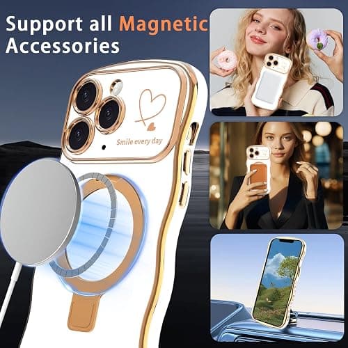 TKJSQ Case for iPhone 11 Pro Max with Magnetic Stand, Luxury Plating Curly Wavy Frame and Cute Heart Pattern, Lens Edge Raised Protection, Slim Shockproof Soft Case for iPhone 11 Pro Max-White thumbnail 3