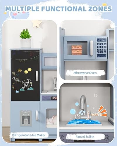 MAMIZO Wooden Corner Play Kitchen, Extra-Large Interactive Kids Kitchen Playset w/Lights & Sounds, Blackboard, Washing Machine, Ice Maker & 7 Accessories, Ultimate Pretend Toy Kitchens for Toddler thumbnail 3
