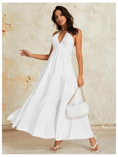 OYOANGLE Women's Summer Beach Halter Sundress Formal Wedding Guest Dress | Backless Flowy Dress, Vacation, Summer, Boho Maxi Dresses thumbnail 6