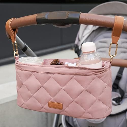 Beautiful Stroller Caddy Organizer With 2 Cup Holders – Luxury Stroller Bag, Universal Fit, Leather Straps & Zipper Pocket – Spacious Accessories Perfectly Fits Doona, Nuna & Uppababy Strollers thumbnail 6