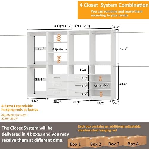 Secilix 8FT Modular Closet System with 6 Drawers, Walk-in Closet Organizer System with 8 Expandable Hanging Rods & Adjustable Shelving Towers, Heavy Duty Wood Closet Storage for Bedroom, White(4 sets) thumbnail 2
