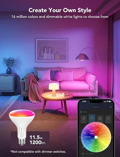 Govee Smart Light Bulbs, 1200 Lumens Dimmable BR30 Bulbs, RGBWW Color Changing Light Bulbs, WiFi & Bluetooth LED Bulbs, 16 Million Colors, Music Sync, Compatible with Alexa, Google Assistant, 6 Pack thumbnail 2