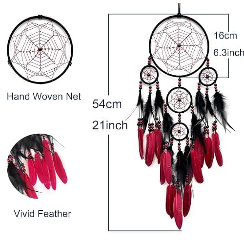 SOYUZU Red and Black Dream Catcher Large Dream Catchers Wall Decor Handmade Feather Dreamcatcher Wall Hanging Ornament for Bedroom Living Room Home Decor thumbnail 3