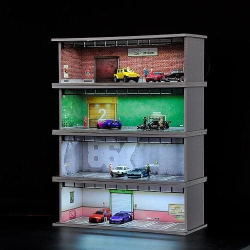 Bivitre 1/64 Diorama Display Case with LED Lights - Compatible with Hot Wheels Matchbox Mini GT Diecast Cars, for Model Car Display and Storage, Stackable Garage(Red Brick) thumbnail 3