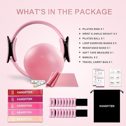 KANGFITER Pilates Equipment Kit for Home Workout, Pilates Ring and Ball Set with Adjustable Ankle Wrist Weights, Resistance Bands, Tape Measure, Bag, Pilates Essentials Accessories for Women Yoga thumbnail 9