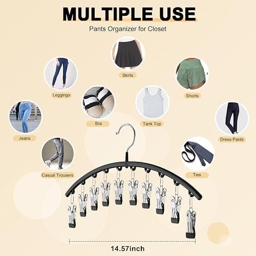 Volnamal Legging Organizer for Closet, Metal Yoga Pants Hangers 2 Pack w/10 Clips Holds 20 Leggings, Space Saving Hanging Closet Organizer w/Rubber Coated Closet Organizers and Storage, Black thumbnail 5
