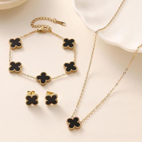 SUEHBEXF Vierblättriges Kleeblatt Schmuck Set, 18 Karat Vergoldet Edelstahl Zweiseitig Vierblättriges Schmuck, Geschenke für Damen und Mädchen thumbnail 4