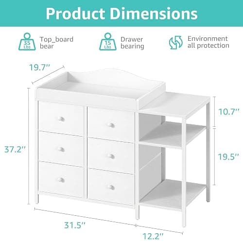 BOLUO Baby Dresser with Changing Table Top, White Changing Table Dresser with 6 Fabric Drawers Diaper Changing Station with Storage Shelf for Nursery Modern thumbnail 6