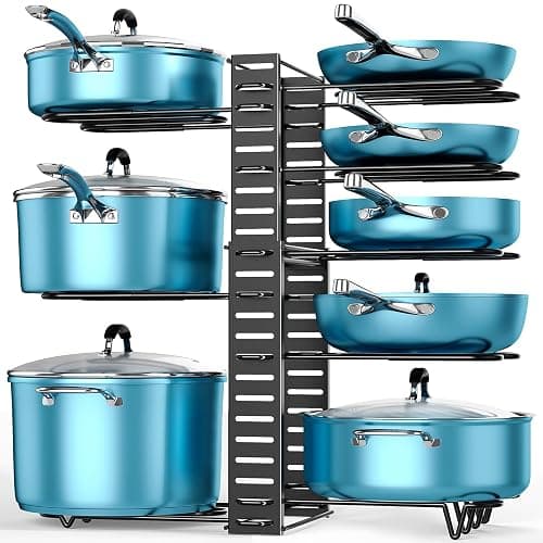 ORDORA Pots and Pans Organizer for Cabinet Expandable Height 11.65'' to 19", 8 Tier Pot Organizers Rack with 3 DIY Methods, Adjustable Pan Organizer under Cabinet Kitchen Organization and Storage - Image 1