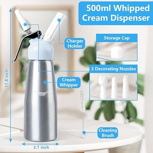 NATUREKIT Professional Whipped Cream Dispenser,Aluminum Body 1-Pint / 500 ml,Cream Maker with 3 Plastic Decorating Tips and 1 Cleaning Brush thumbnail 2