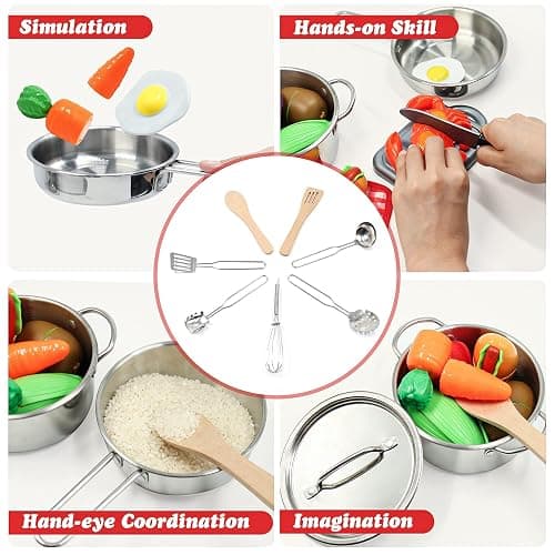 Kids Pretend Play Kitchen Toys Accessories Set, 32 Items Stainless Steel Toy Pots and Pans Sets w/ Rack Organizer, Metal Cooking Utensils & Apron, Play Food w/ Basket for Kids Girls Boys Toddlers thumbnail 6