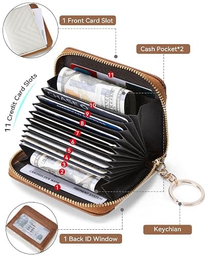 BOSTANTEN Credit Card Holder Wallet RFID Blocking Leather Small Wallet for Women Zipper Keychain Wallet with Wristlet Beige＆Brown thumbnail 2