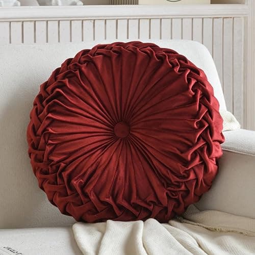Teieas Round Pillows Velvet Pleated Circle Pillow Chair Cushion Floor Pillows Home Decorations for Home Couch Chair Bed Car Burgundy thumbnail 7