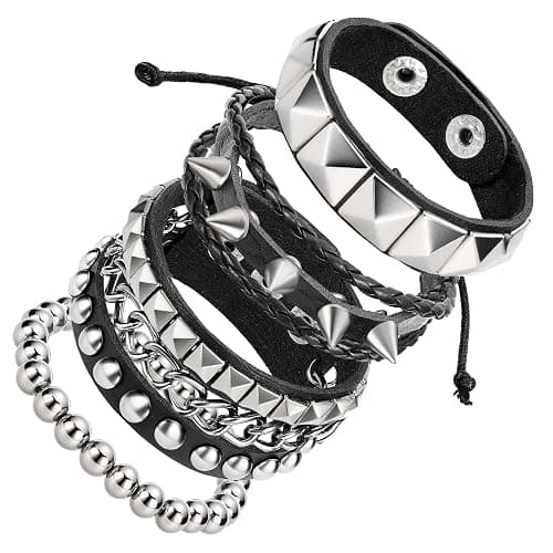 JOLYEAK Punk Leather Rivets Bracelets Punk Rock Leather Studded Bracelets 80s Wristband Emo Gothic Spike Cuff Bracelet Set for Men Women Rocker Outfits Skull Bracelet - Image 1