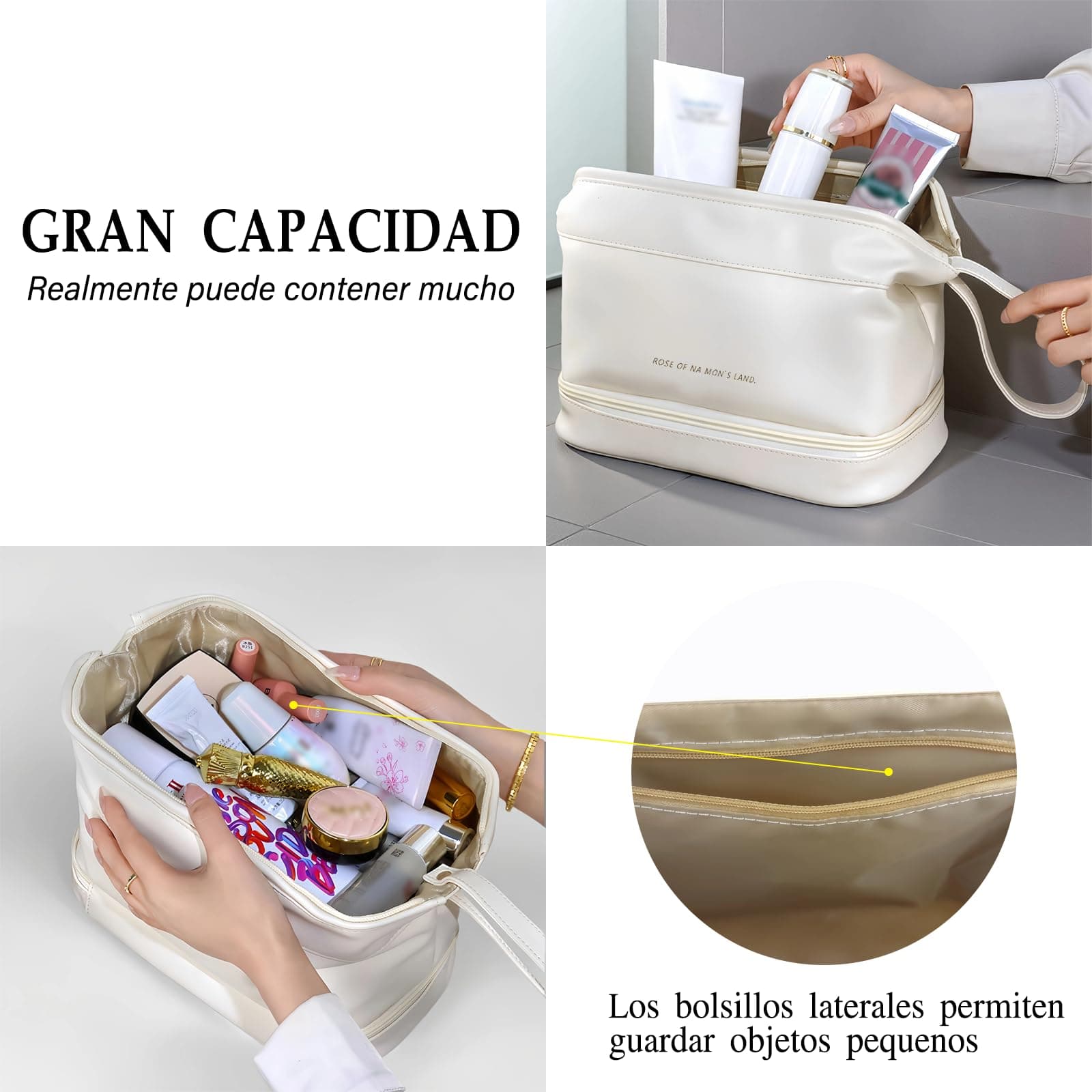 Neceser de Viaje para Hombres y Mujeres, Bolsa Cosmetiquera de Viaje Gran Capacidad, Bolsa de Aseo Impermeable con Asa de Colgar, Bolsa para Maquillaje para Artículos de Tocador y Cosméticos(Blanco) thumbnail 2