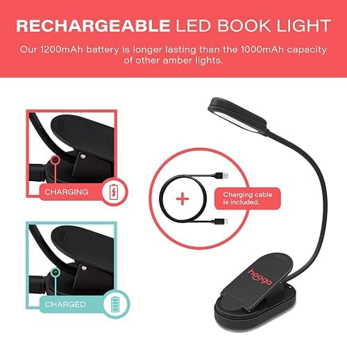 hooga Amber Book Light, Rechargeable Clip-On Blue Light Blocking LED Reading Light, 1600K Warm Eye Care for Bed, Students, Kids, Travel, Nursing, Studying thumbnail 4
