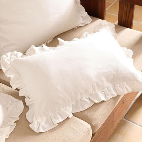 patdrea Shabby Chic White Decorative Throw Pillow Covers 12"x20" Set of 2,Farmhouse Linen Pillow Covers with Ruffles,Rectangle Sturdy Throw Pillow Case for Couch Sofa Bed Living Room thumbnail 3