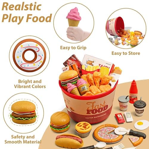 Hydeem 80 Pcs Pretend Play Food Toy for Kids Kitchen Aged 3 4 5, Fast Food Set with Storage Bucket, Pizza, Burger, Ice Cream, Hot Dog, Educational Birthday Toy Gift for Boys Girls thumbnail 4