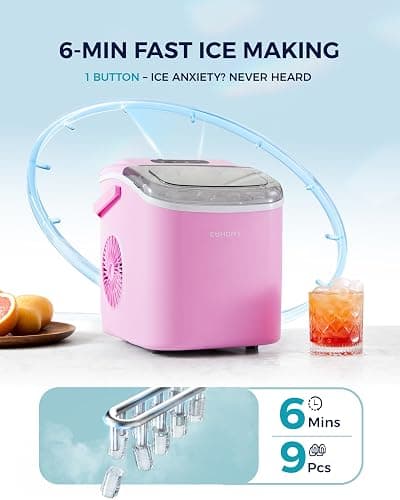 EUHOMY Countertop Ice Maker Machine with Handle, 26lbs Per Day, 9 Ice Cubes Ready in 6 Mins, Auto-Cleaning Portable Ice Maker with Basket and Scoop, for Home/Kitchen/Camping/RV (Pink) - ICE MACHINE - 11.57"D x 11.42"W x 8.74"H - Pink thumbnail 4