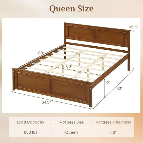 Giantex Wood Queen Size Bed Frame with Headboard, Farmhouse Solid Platform Bed w/Wooden Slat Support Mattress Foundation, Under-Bed Storage, No Box Spring Needed, Walnut thumbnail 2