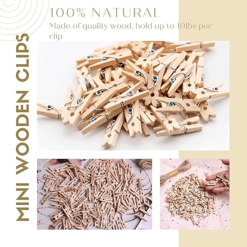 LOTIMOYIA Mini Clothes Pins 200 Pcs - 1" Wooden Clothespins with 11FT Jute Twine,Small Clothes Pins for Photos, Crafts, Home Decor & Art Projects, Reusable Multi-Purpose Clothespins for DIY Projects thumbnail 3
