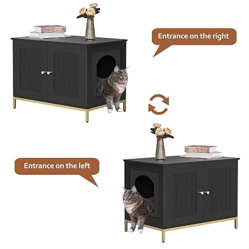 Homhedy Cat Litter Box Enclosure, Cat Washroom Furniture with Metal Frame, Pet House, Fit Most of Litter Box, Modern Style, Black and Gold thumbnail 6