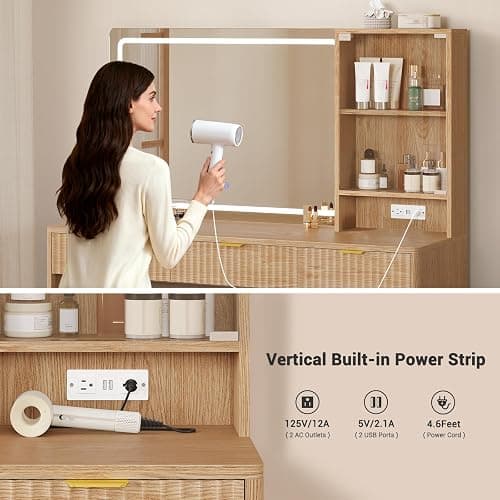 BTHFST Fluted Vanity Desk with Large Mirror,Lights,Charging Station, Oak | 47.4" Large Makeup Vanity with 7 Drawers, Glass Cabinet, Storage Shelves, Wood Vanity Table for Women, Girls thumbnail 6