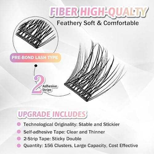 WONSIS Self Adhesive Eyelashes, 156 Pcs Self Adhesive Eyelash Clusters, No Glue Needed, Invisible 2-Strip Tape - Longer Lasting, No Sticky Residue Pre Glued Eyelashes (Volume-Mixed) thumbnail 3
